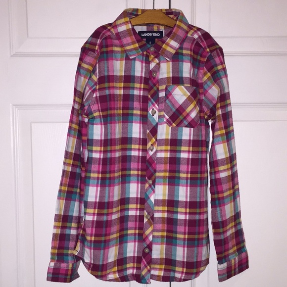 Lands' End Girls Soft Flannel Plaid Button Down Shirt Size Small 7-8 - Picture 1 of 9